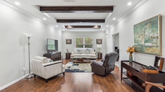 living room featuring dark hardwood / wood-style floors and beam ceiling