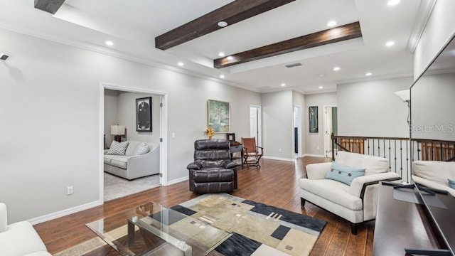 living room with beam ceiling, dark hardwood / wood-style floors, and crown molding