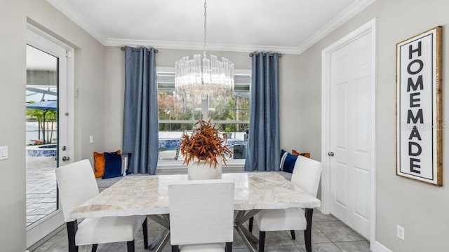 dining room with a chandelier, crown molding, and light tile patterned flooring