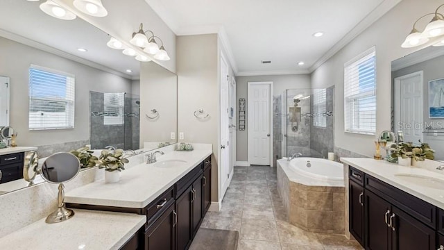 bathroom with plus walk in shower, vanity, and a healthy amount of sunlight