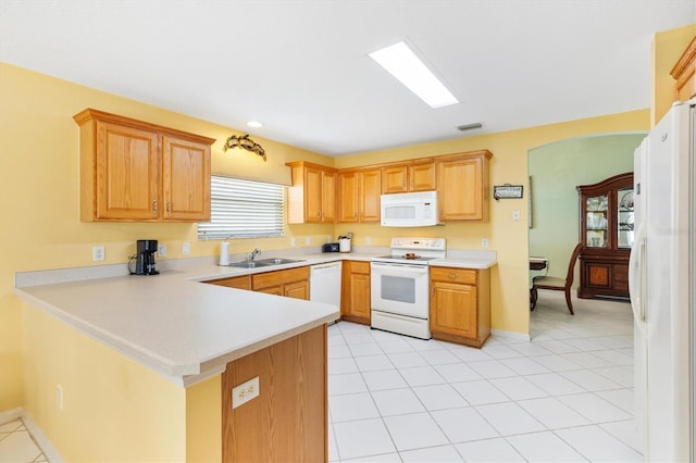 kitchen featuring sink, white appliances, kitchen peninsula, and light tile patterned floors