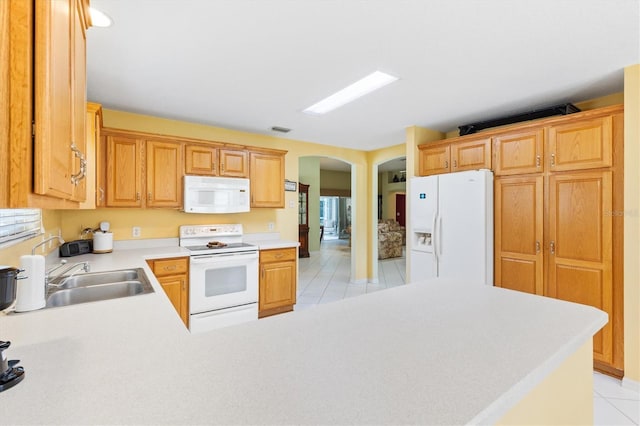 kitchen with kitchen peninsula, sink, light tile patterned flooring, and white appliances