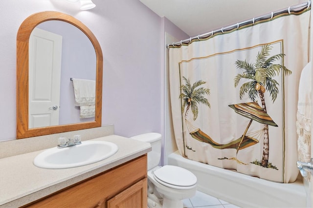 full bathroom featuring vanity, tile patterned flooring, shower / bathtub combination with curtain, and toilet