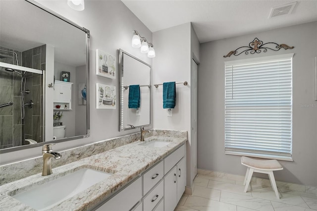 bathroom with vanity, toilet, and a shower with shower door