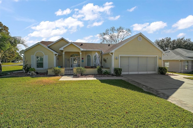 single story home featuring a front lawn and a garage