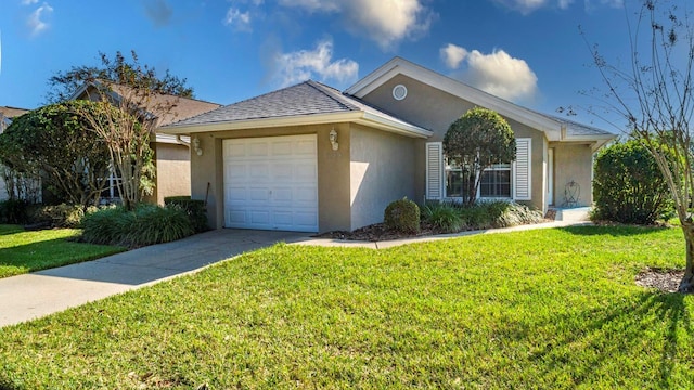 ranch-style house featuring a front lawn and a garage