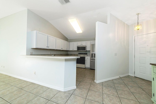 kitchen featuring white cabinets, pendant lighting, kitchen peninsula, and appliances with stainless steel finishes