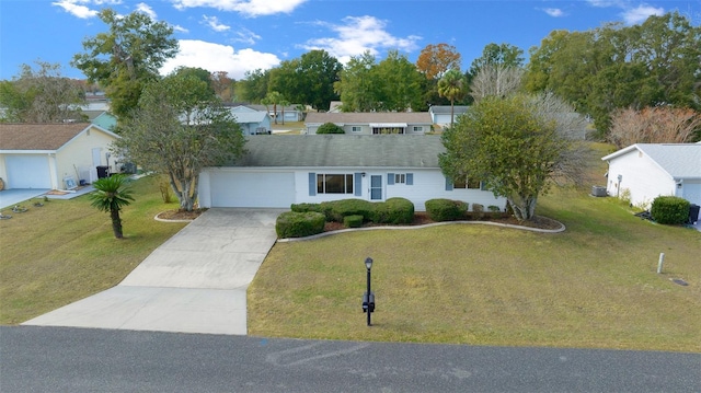 single story home with a garage and a front lawn