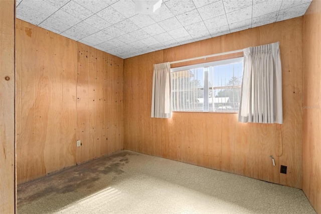 carpeted spare room with wooden walls