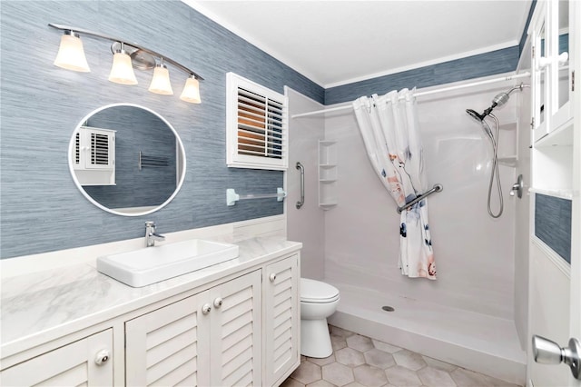 bathroom with tile patterned flooring, toilet, vanity, and a shower with shower curtain