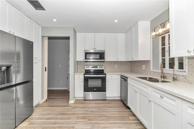 kitchen with white cabinets, appliances with stainless steel finishes, decorative backsplash, sink, and light wood-type flooring