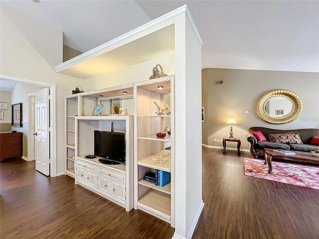 living room with vaulted ceiling and dark wood-type flooring