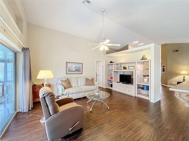 living room featuring dark hardwood / wood-style floors, high vaulted ceiling, and ceiling fan