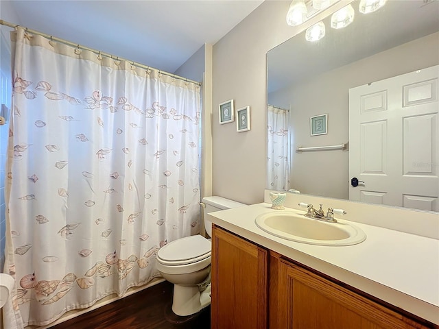 bathroom featuring vanity, toilet, and wood-type flooring