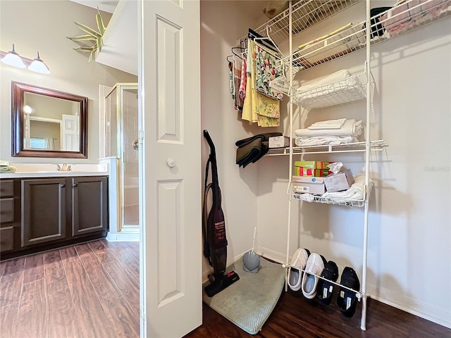 walk in closet with dark hardwood / wood-style floors and sink