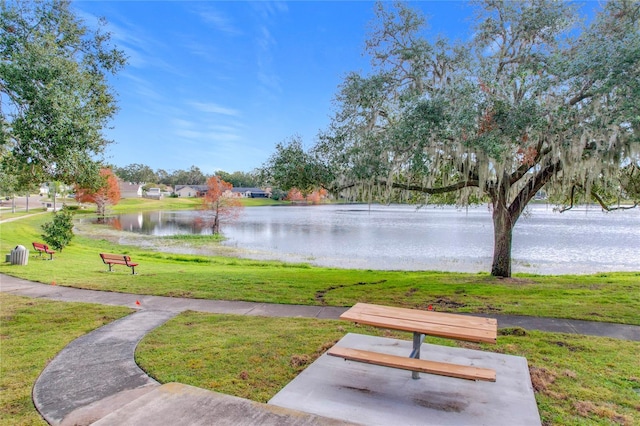 view of home's community featuring a yard and a water view