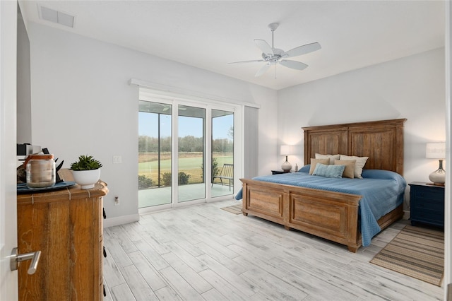 bedroom with access to outside, visible vents, ceiling fan, light wood-type flooring, and baseboards