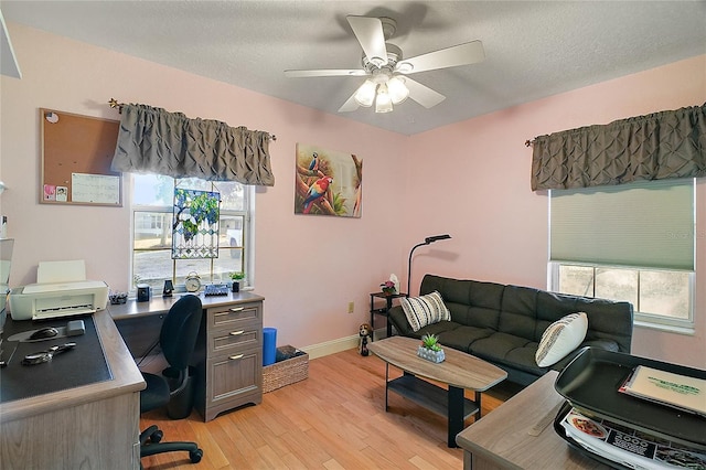 home office featuring ceiling fan, light wood-type flooring, and a textured ceiling