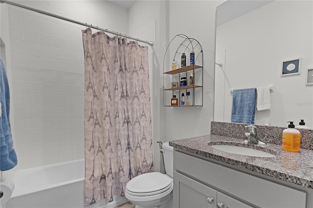 full bathroom featuring vanity, toilet, and shower / bathtub combination with curtain