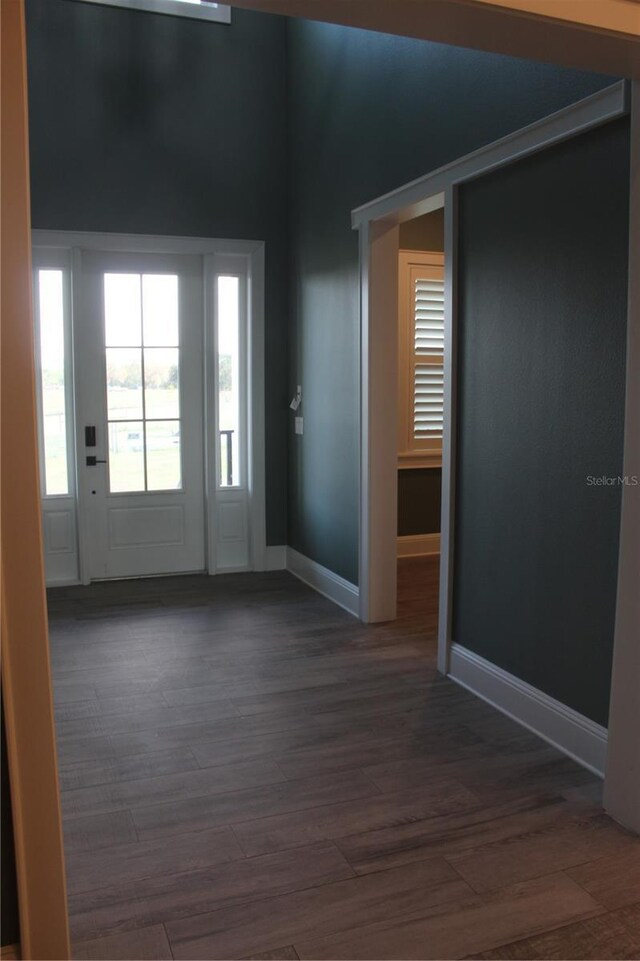 2437 Bay Lake Loop, Groveland, FL 34736 - doorway featuring baseboards, a high ceiling, and dark wood-style floors