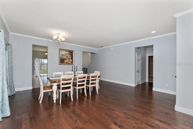 dining space featuring dark wood-type flooring and ornamental molding