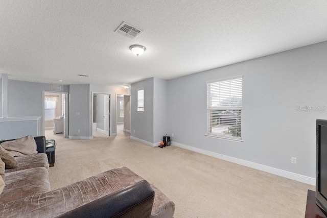 carpeted living room featuring a textured ceiling and a healthy amount of sunlight