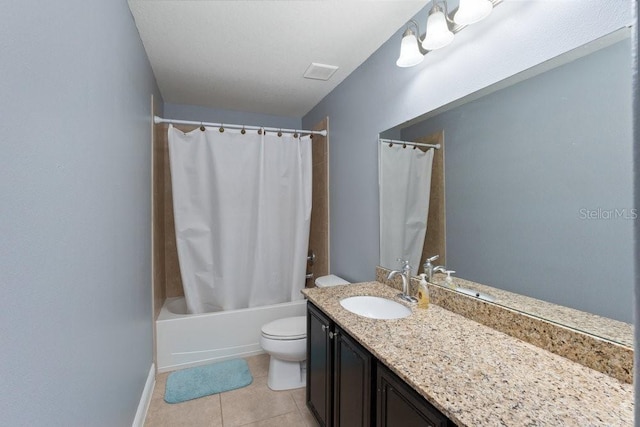 full bathroom featuring tile patterned flooring, shower / bath combo, vanity, and toilet