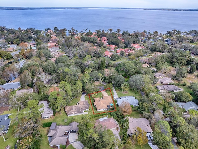 aerial view featuring a water view