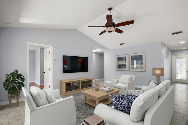 102 Cedar Way, Yalaha, FL 34797 - living room featuring ceiling fan and vaulted ceiling