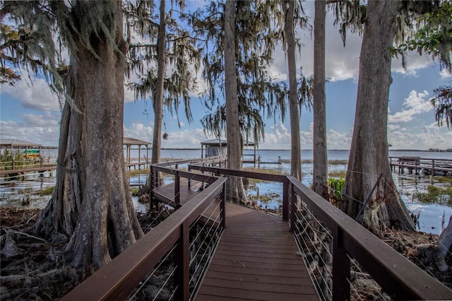 view of dock with a water view