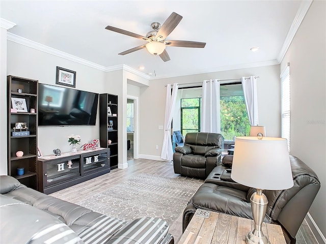 living room with ceiling fan, light hardwood / wood-style flooring, and ornamental molding