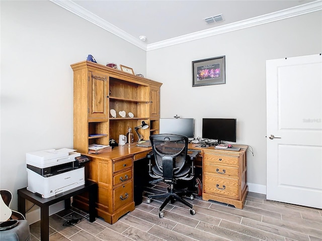 home office featuring hardwood / wood-style floors and ornamental molding