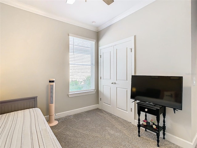 carpeted bedroom with ceiling fan, crown molding, and a closet