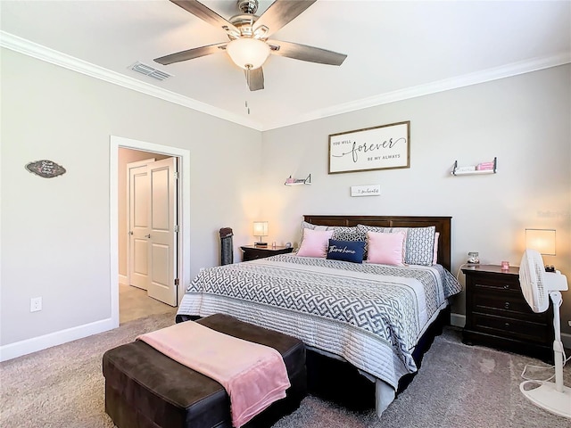 bedroom with carpet flooring, ceiling fan, and ornamental molding