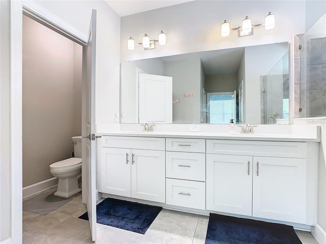 bathroom with tile patterned flooring, vanity, an enclosed shower, and toilet