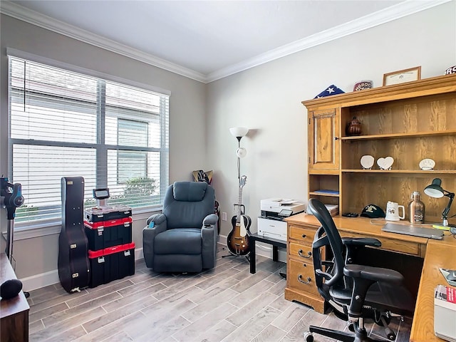 office area featuring light hardwood / wood-style floors and ornamental molding