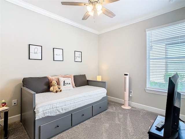 bedroom featuring carpet, ceiling fan, and ornamental molding