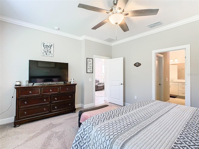 carpeted bedroom with ensuite bath, ceiling fan, and ornamental molding