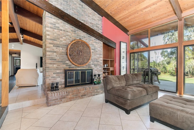 tiled living room featuring wooden ceiling, high vaulted ceiling, and a brick fireplace