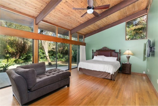 bedroom with ceiling fan, beam ceiling, wooden ceiling, and light hardwood / wood-style flooring