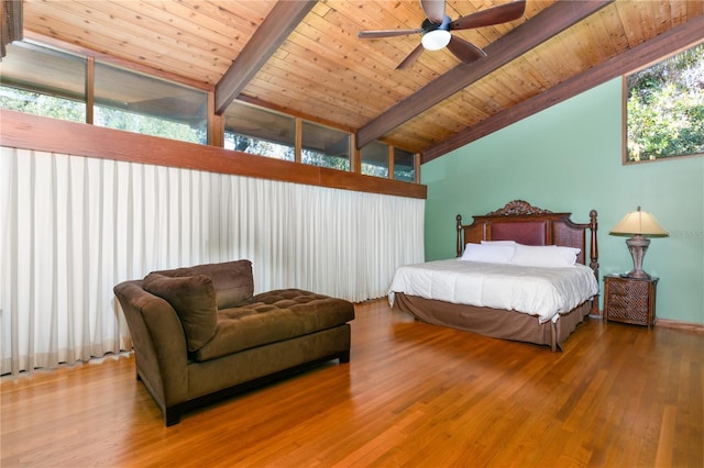 bedroom featuring hardwood / wood-style floors, ceiling fan, beamed ceiling, and multiple windows