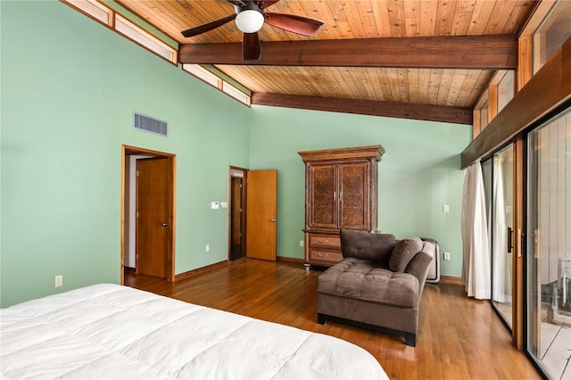 bedroom with high vaulted ceiling, hardwood / wood-style flooring, ceiling fan, beam ceiling, and wood ceiling