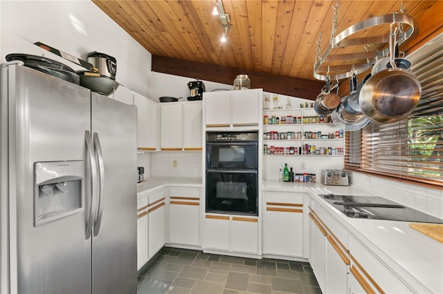 kitchen with white cabinetry, tasteful backsplash, lofted ceiling, black appliances, and wood ceiling