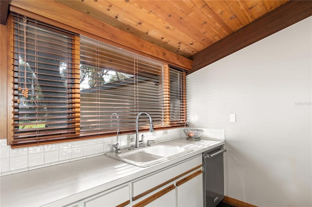 kitchen with white cabinets, sink, decorative backsplash, beam ceiling, and wood ceiling