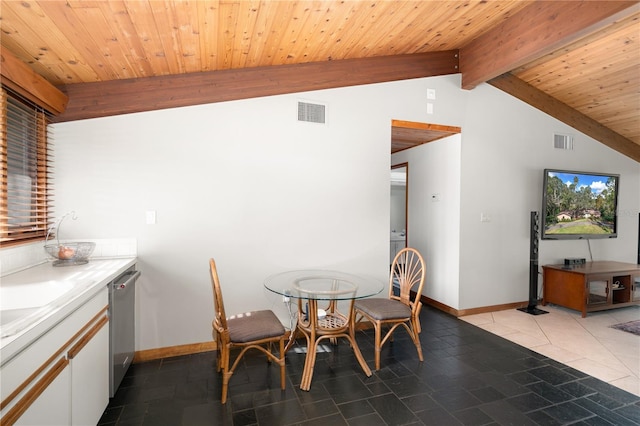 tiled dining area featuring vaulted ceiling with beams and wooden ceiling