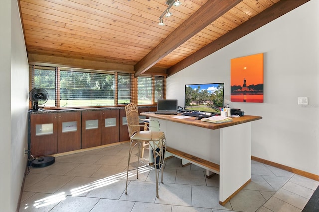 home office with lofted ceiling with beams, wood ceiling, and light tile patterned floors