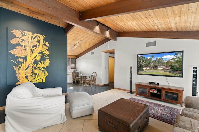 living room with lofted ceiling with beams, light tile patterned flooring, wooden ceiling, and track lighting