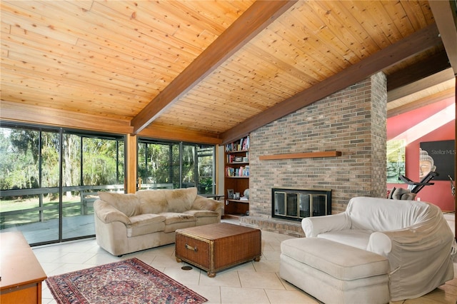 tiled living room with vaulted ceiling with beams, wood ceiling, and a brick fireplace