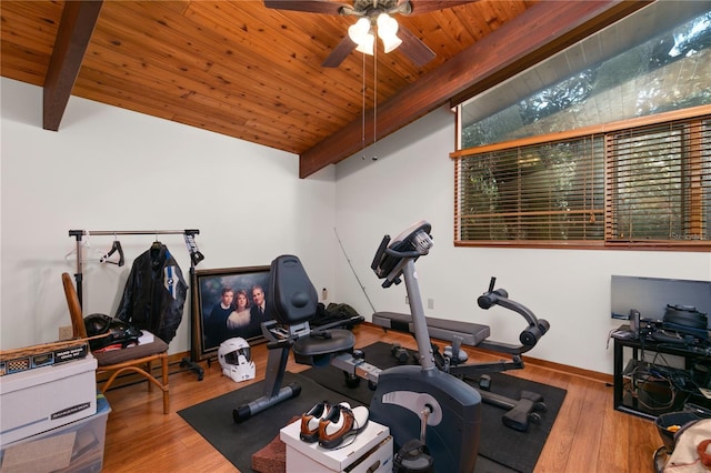 exercise area with hardwood / wood-style flooring, ceiling fan, wood ceiling, and vaulted ceiling