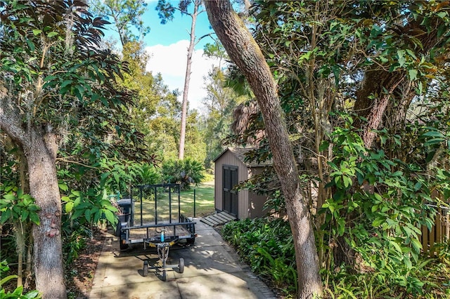 view of patio / terrace featuring a storage shed